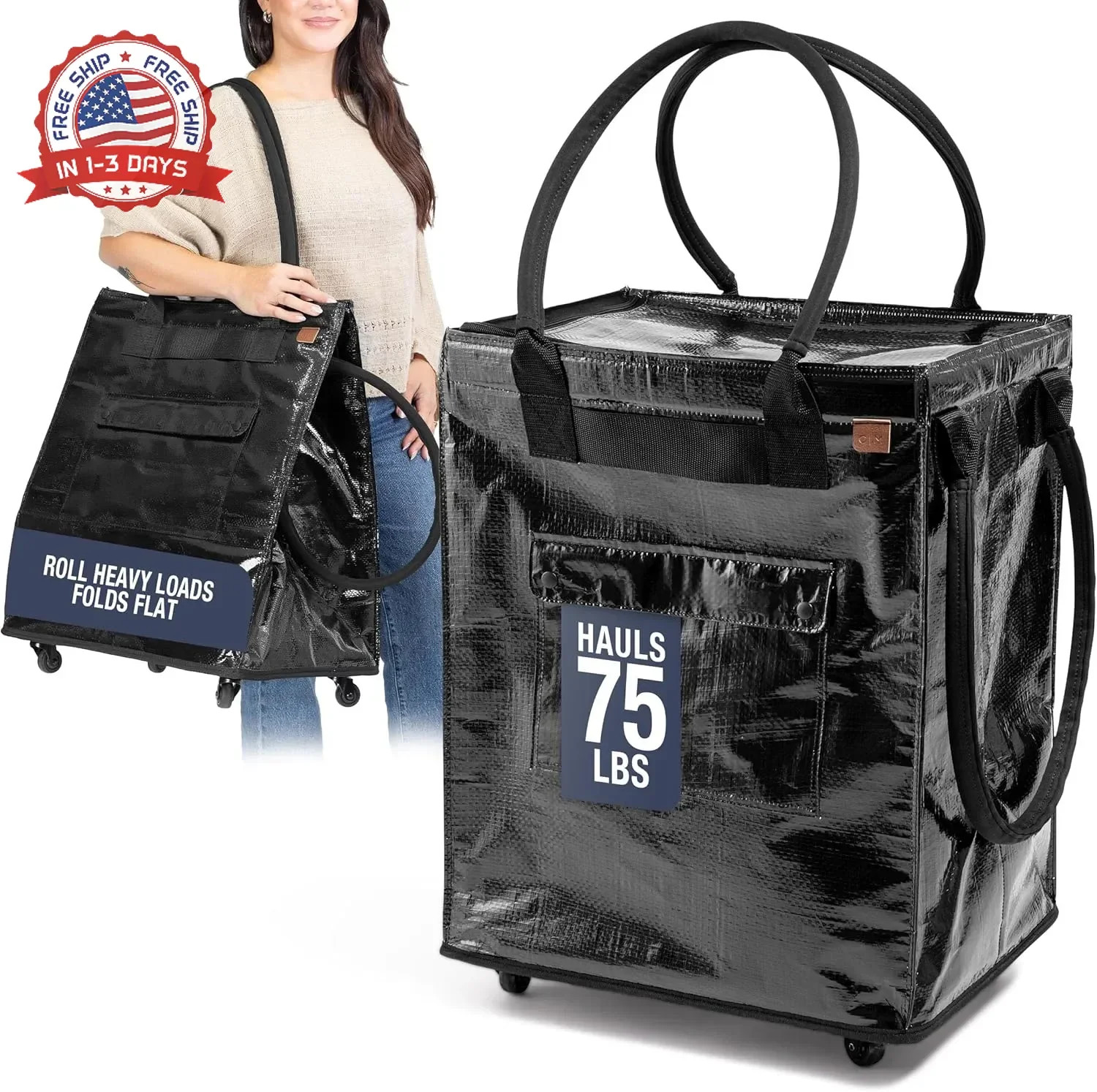 90L Collapsible Rolling Tote Bag Heavy-Duty Waterproof for Groceries Laundry