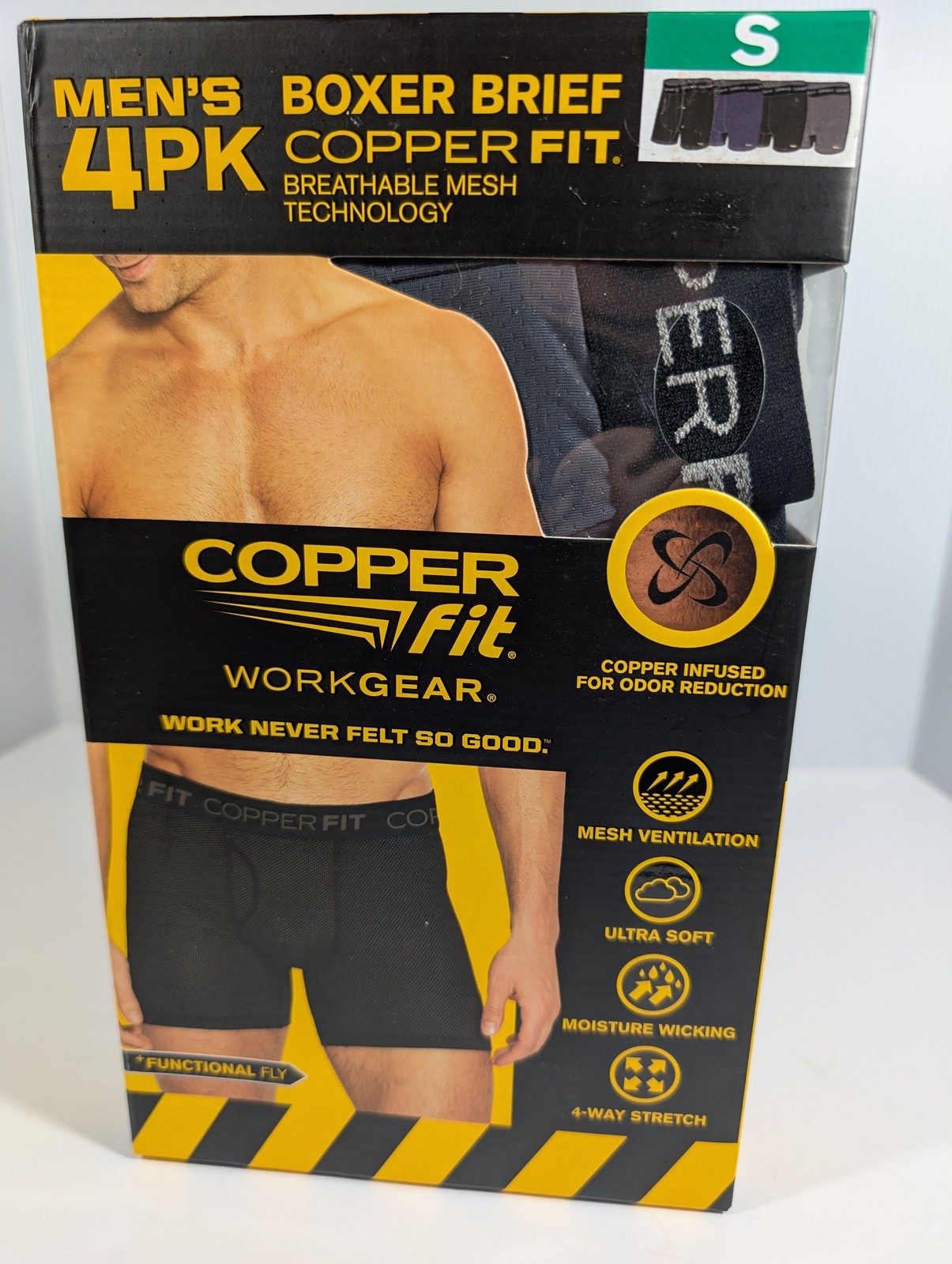 Copper Fit Boxer Briefs Mens Small 4 Pack Black Gray Workgear Mesh Underwear