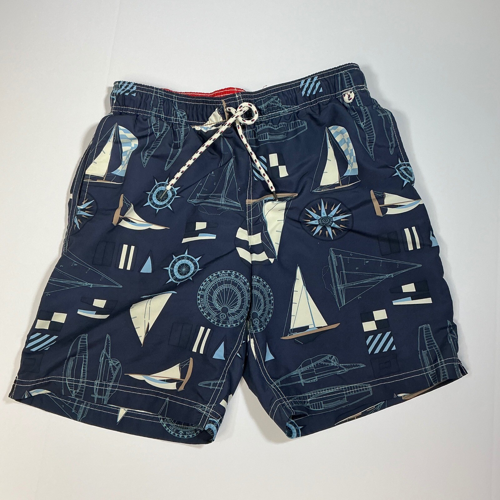 Lands End Nautical Sailboat Swim Trunks Elastic Waist Casual Shorts Medium 32-34