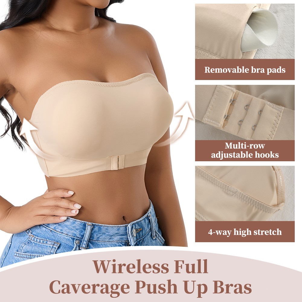 Front Adjustable Hook Strapless Bra Seamless Padded Wedding Underwear