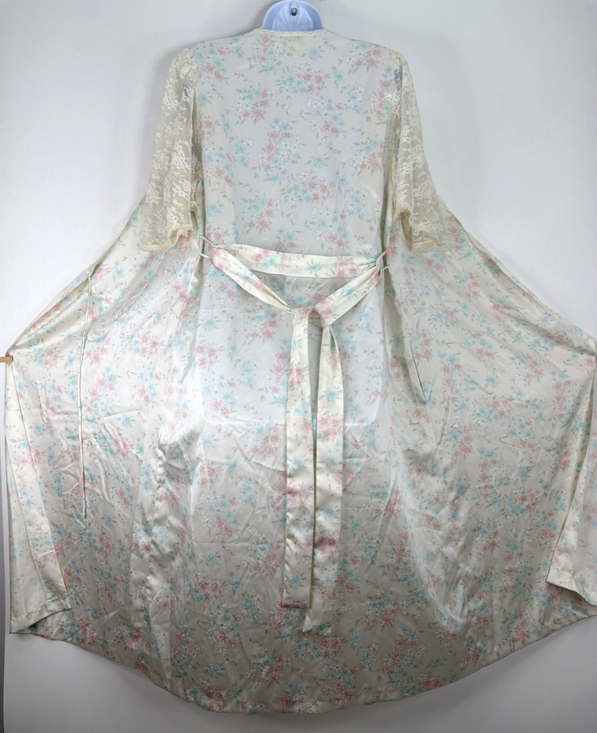 VTG Sara Beth Satin Poly Nightgown Robe Set Pink/Blue Floral Lace Bridal Small
