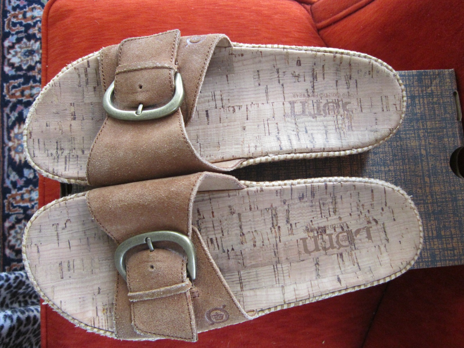Born Sloane TanSandals Size 8 M Slides Leather Cork Platform Big Buckle