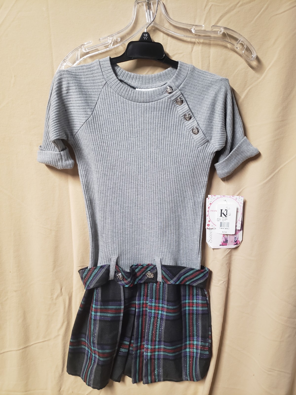 Size 12 Sweet Heart Rose Gray Half Sleeve Sweater with Plaid Belted Skort Romper