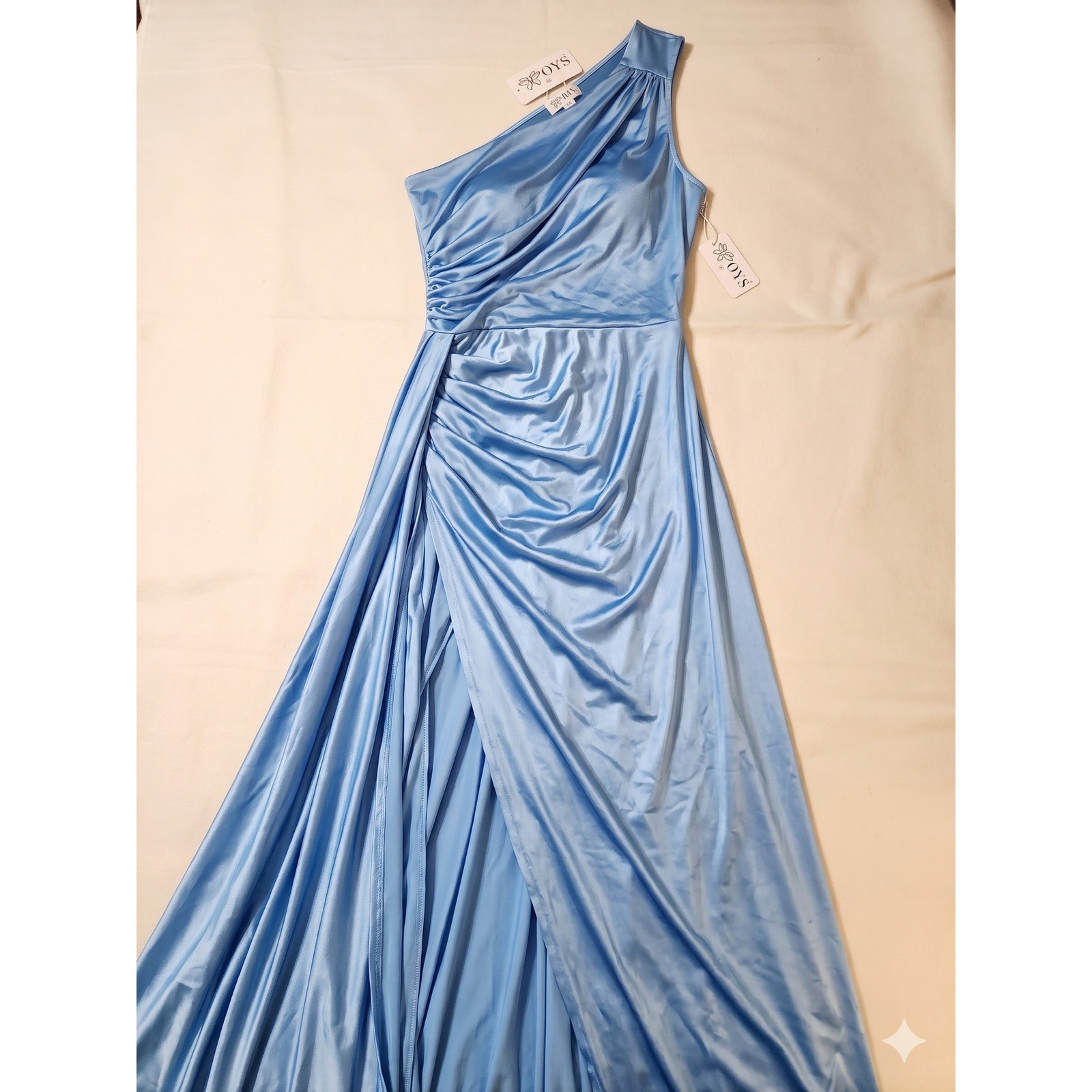 OYS One Shoulder Maxi Dress Womens Medium Sea Blue New Ruched Formal Gown Slit