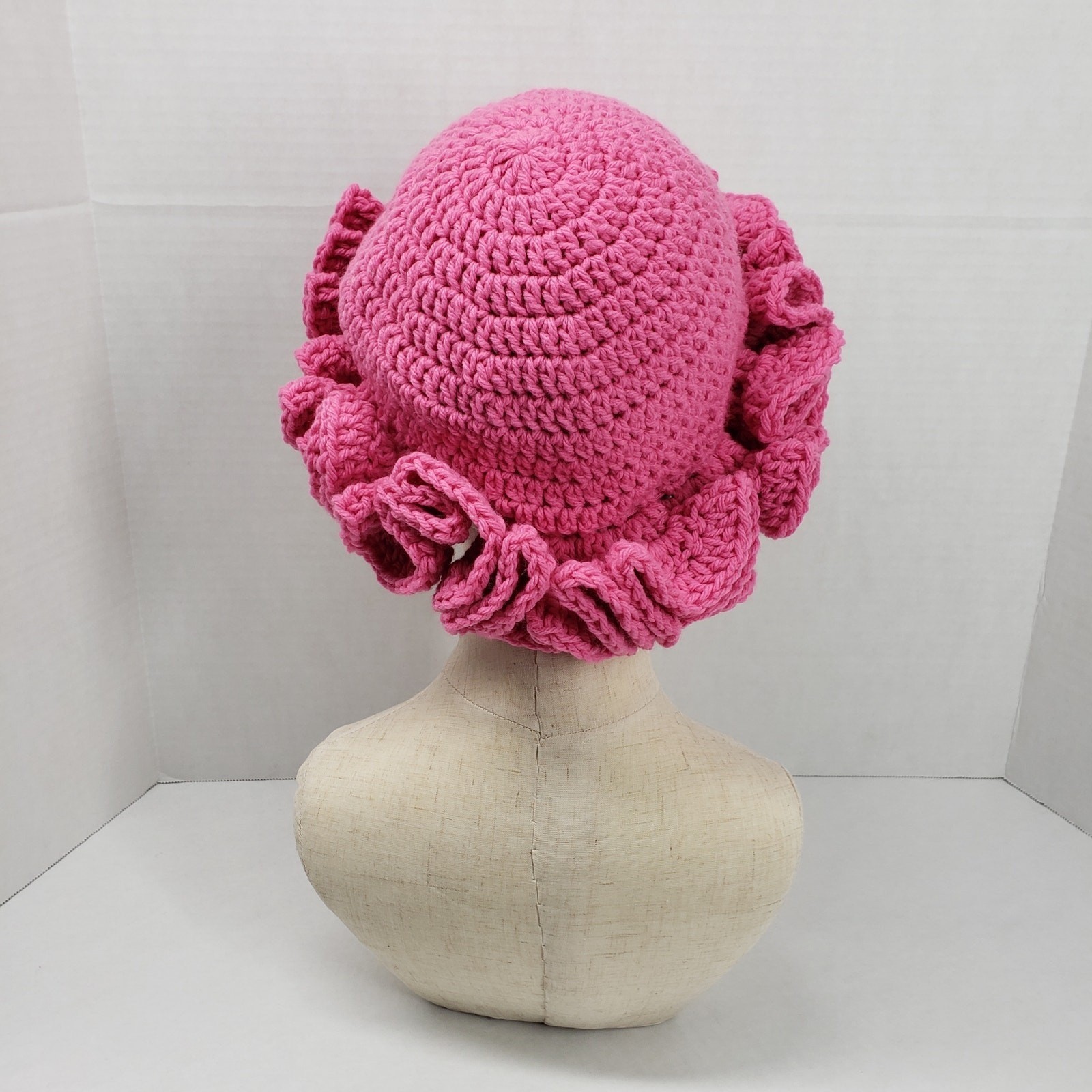 Handmade Crochet Ruffle Hat Pink Statement Bonnet Cozy Winter Unique Artisan