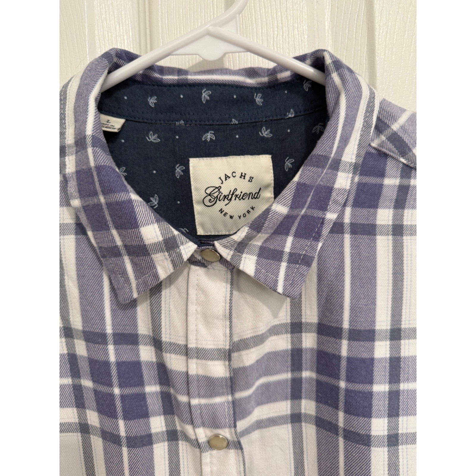 Jachs Girlfriend Womens Large Plaid Flannel Snap Front Shirt Blue White Fleece