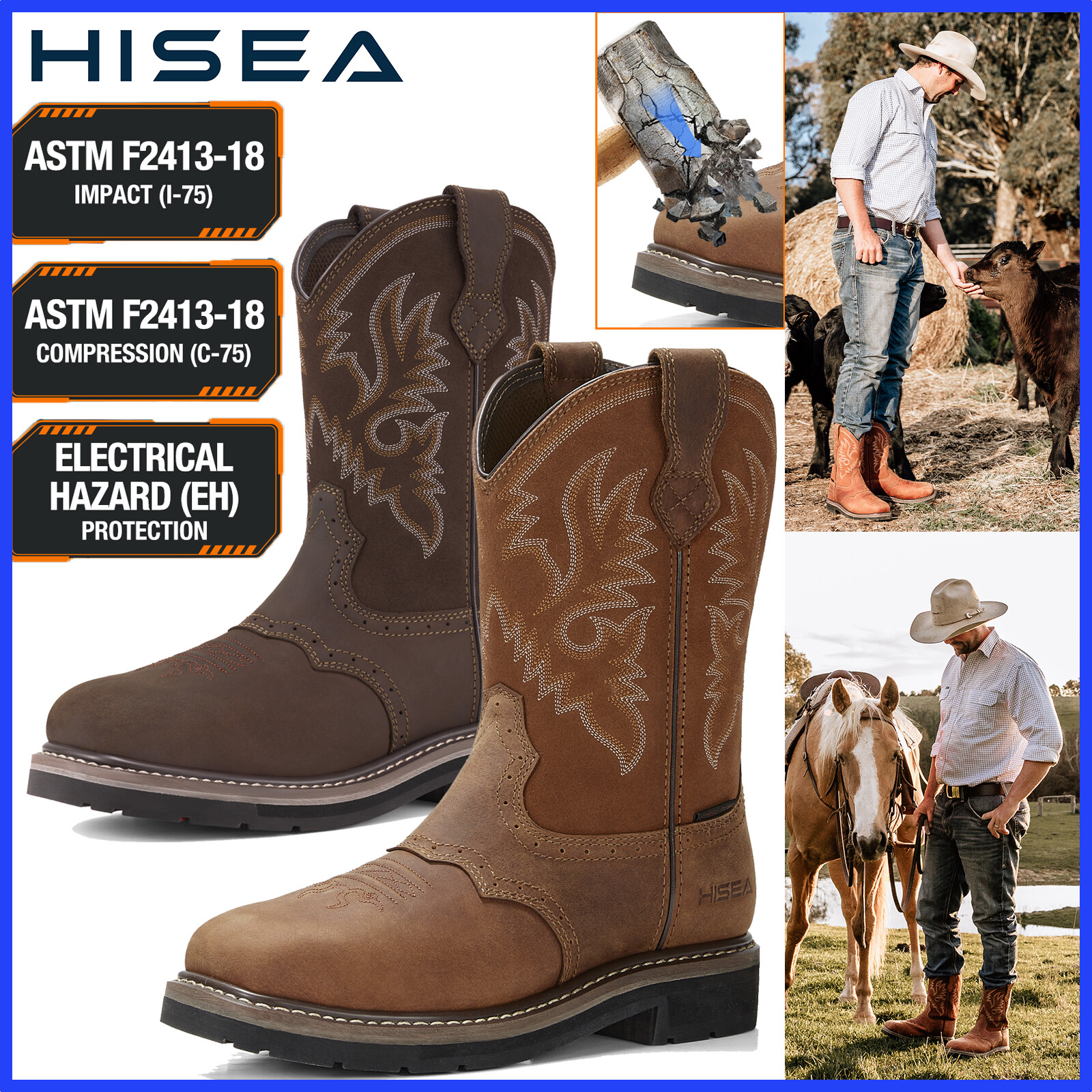 HISEA Men Grain Leather Western Cowboy Boots Steel/Soft Toe Waterproof Work Boot