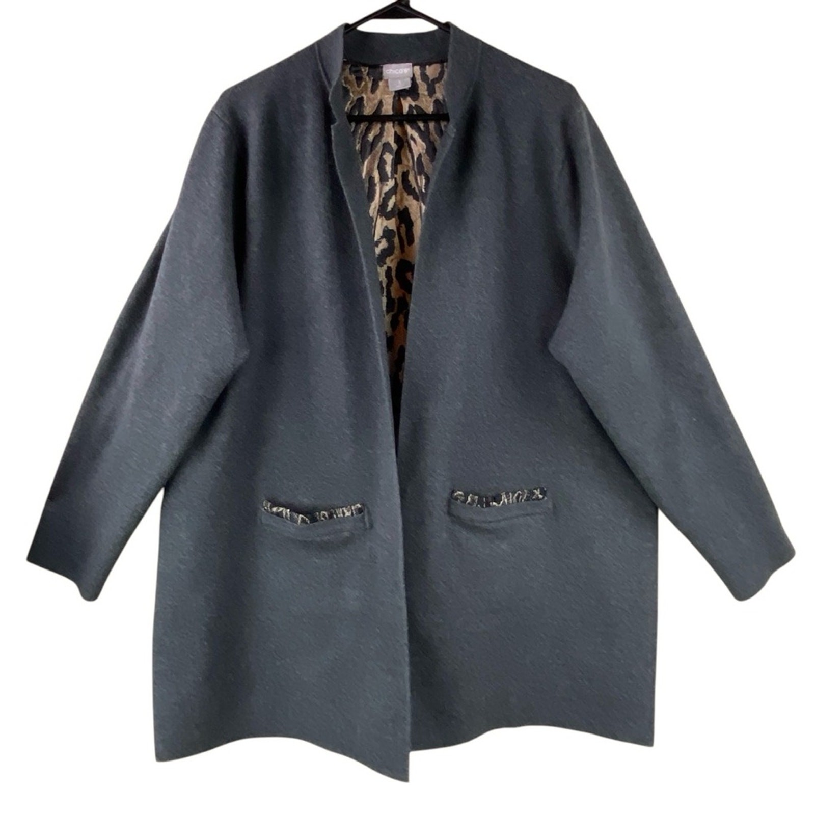 Chico’s Open Front Cardigan Sweater Size 16/XL Gray Front Metallic Leopard Back
