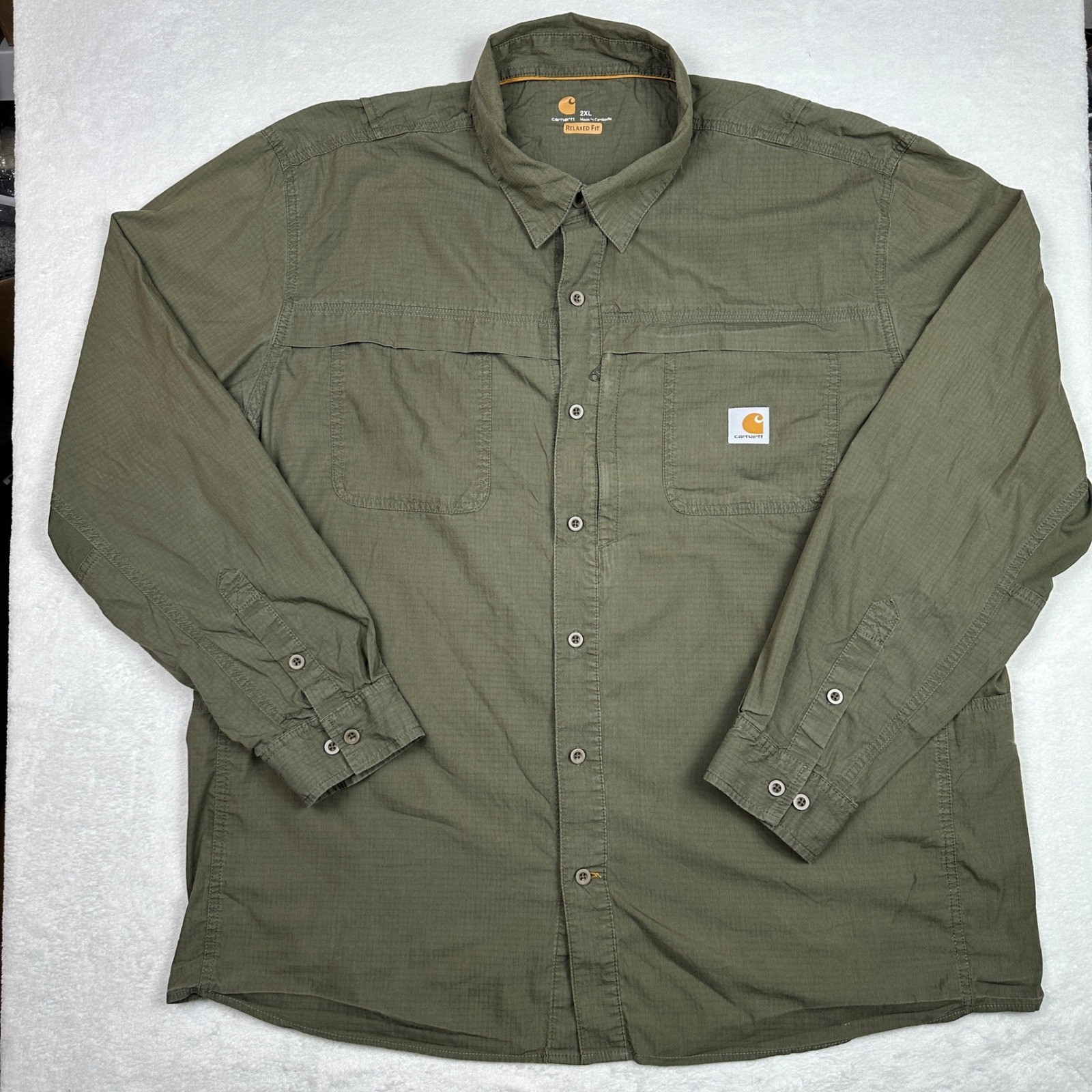 Carhartt Mens 2XL Relaxed Fit Long Sleeve Work Shirt Green Cotton Nylon Spandex