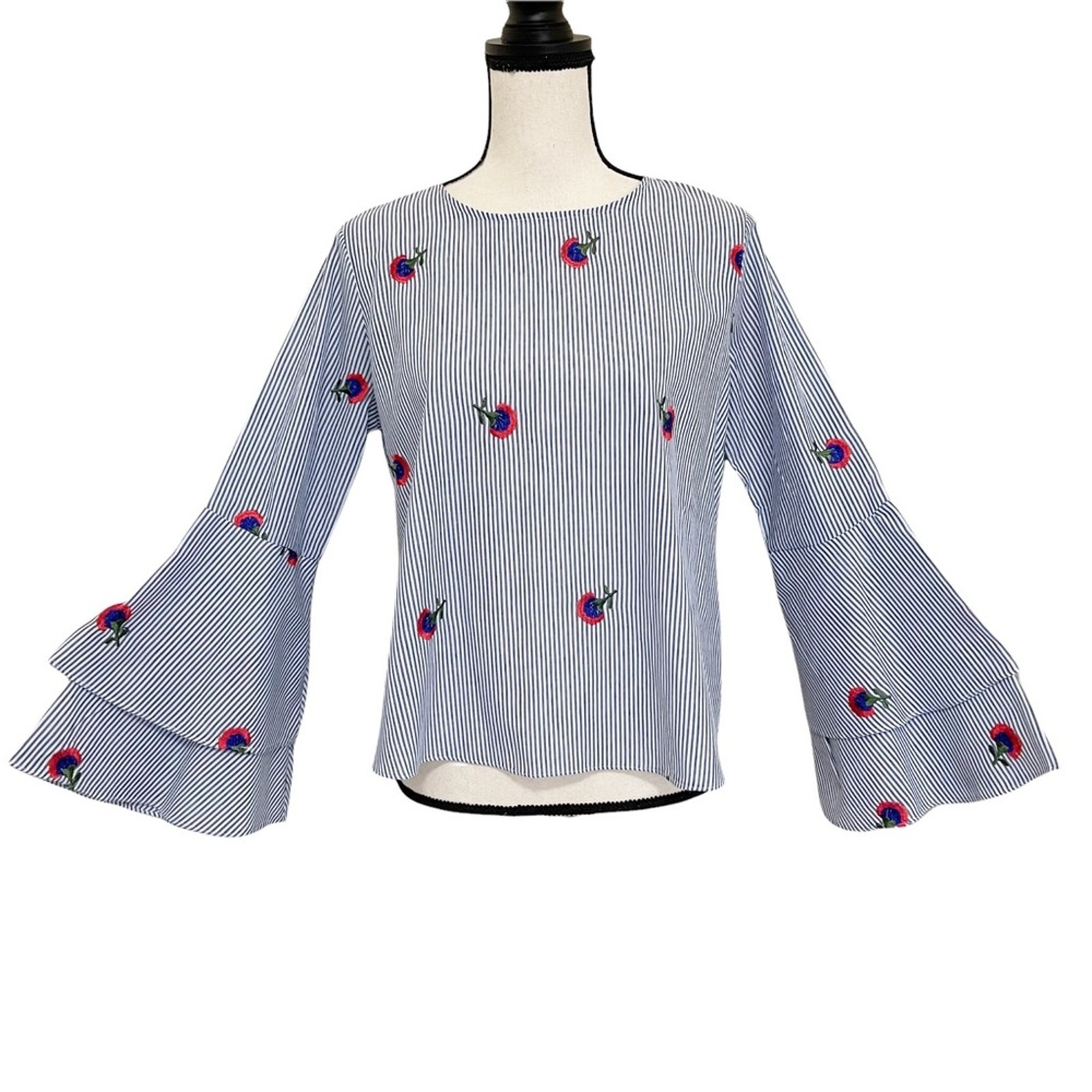 Emma & Olivia Nautical Stripe Floral Embroidery Bell Sleeve Red/White/Blue Small
