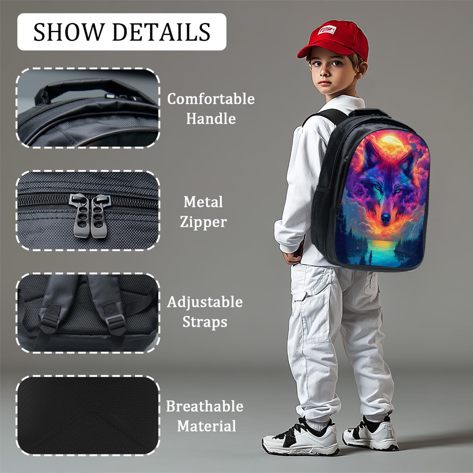 Wolf Backpack Set for Boys Girls 3PCS Cool Animal School Bag with Lunch Box P…