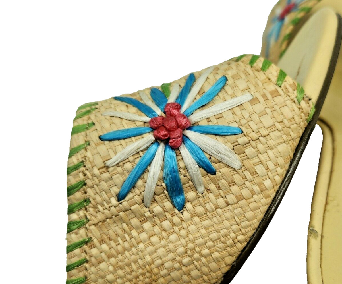 NEW Apostrophe Wedge Summer Straw Sandals Embroidered Flowers Leather Size 9