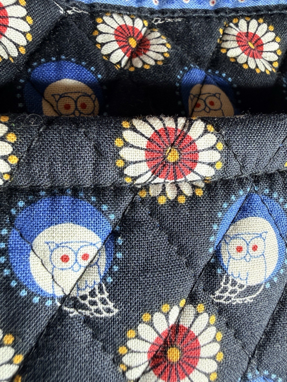 Quilted Floral Owl Print Zip Tote Bag Medium Lined Inner Pockets Black Blue