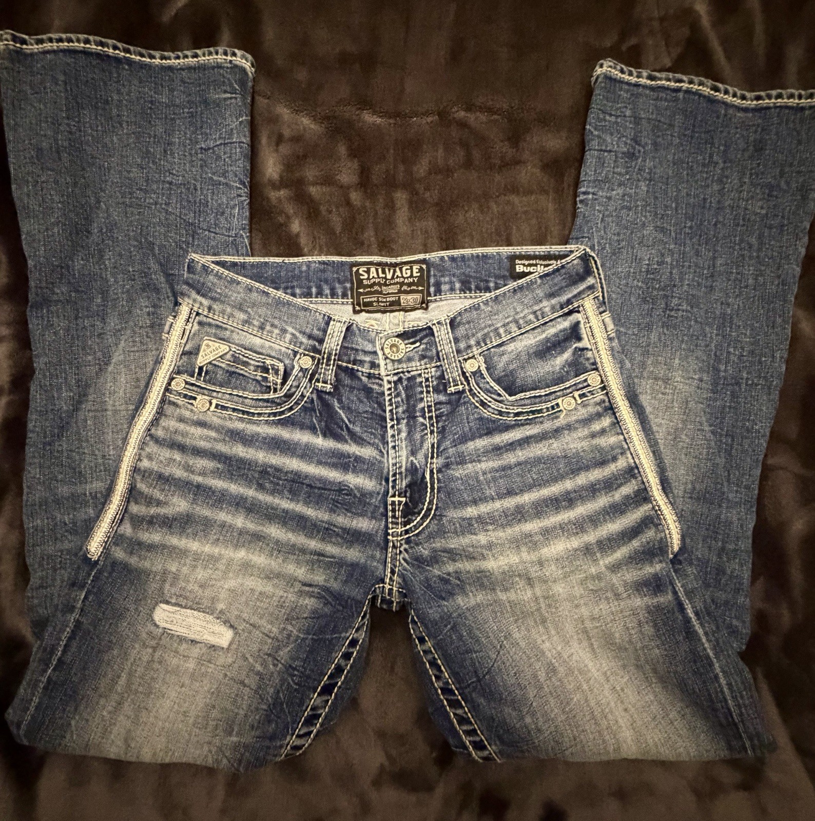 Salvage Men’s Blue Medium Wash Bootcut Denim Jeans Distressed 5-Pocket Low