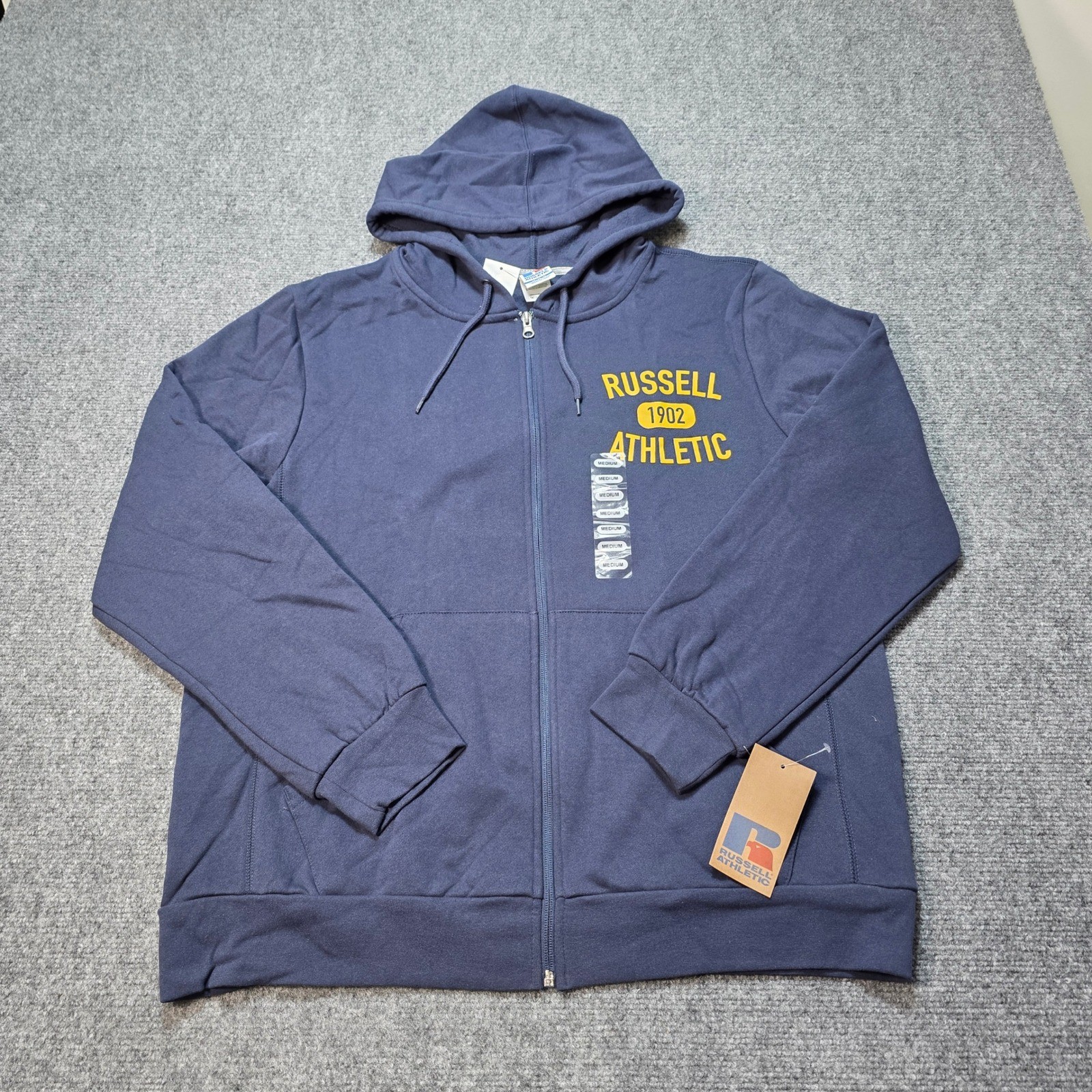 Men’s Medium Russell Athletic Hoodie Full Zip Blue NWT 1902 Graphic Fleece