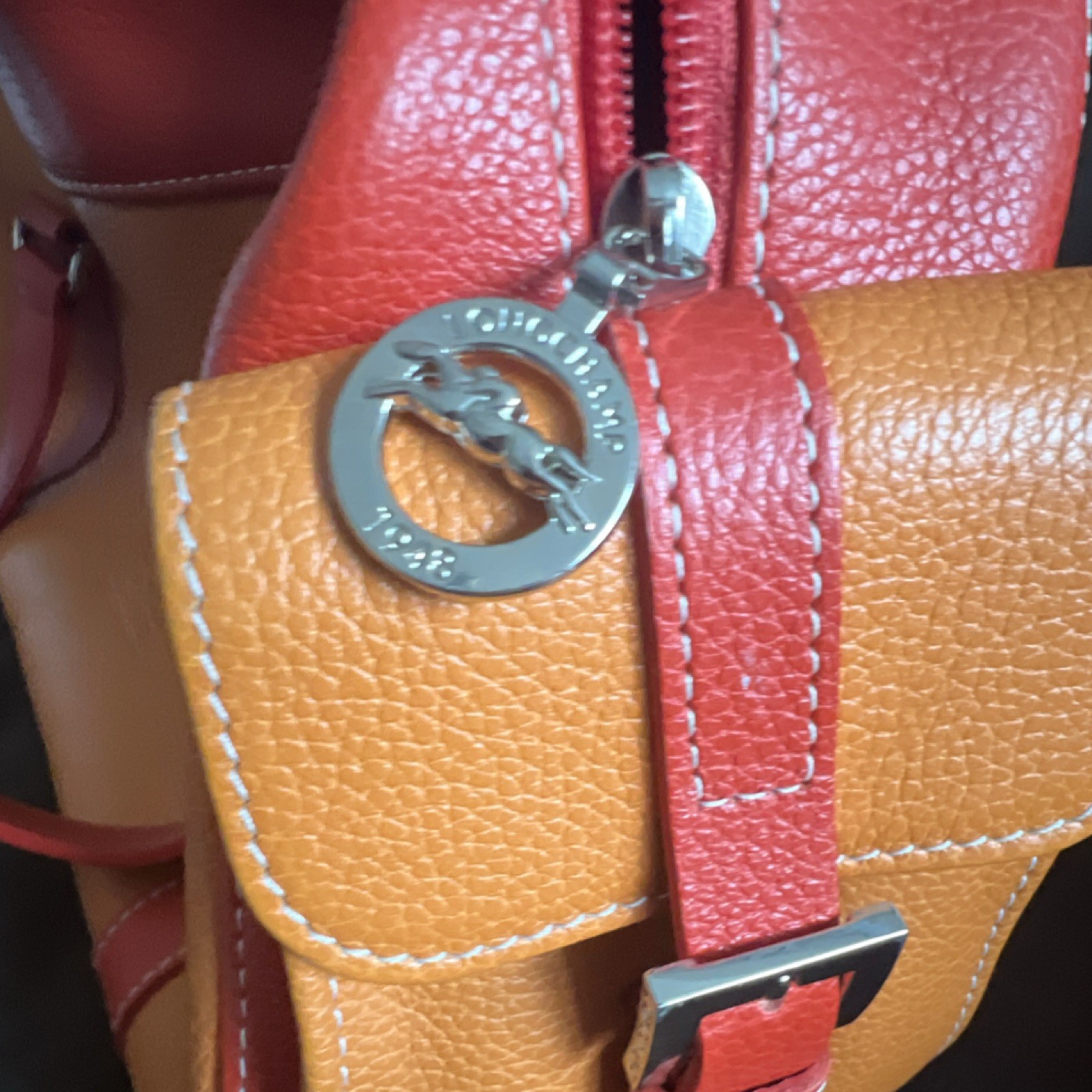 Longchamp Orange Red Buckle Accent Zipper Shoulder Bag for Women