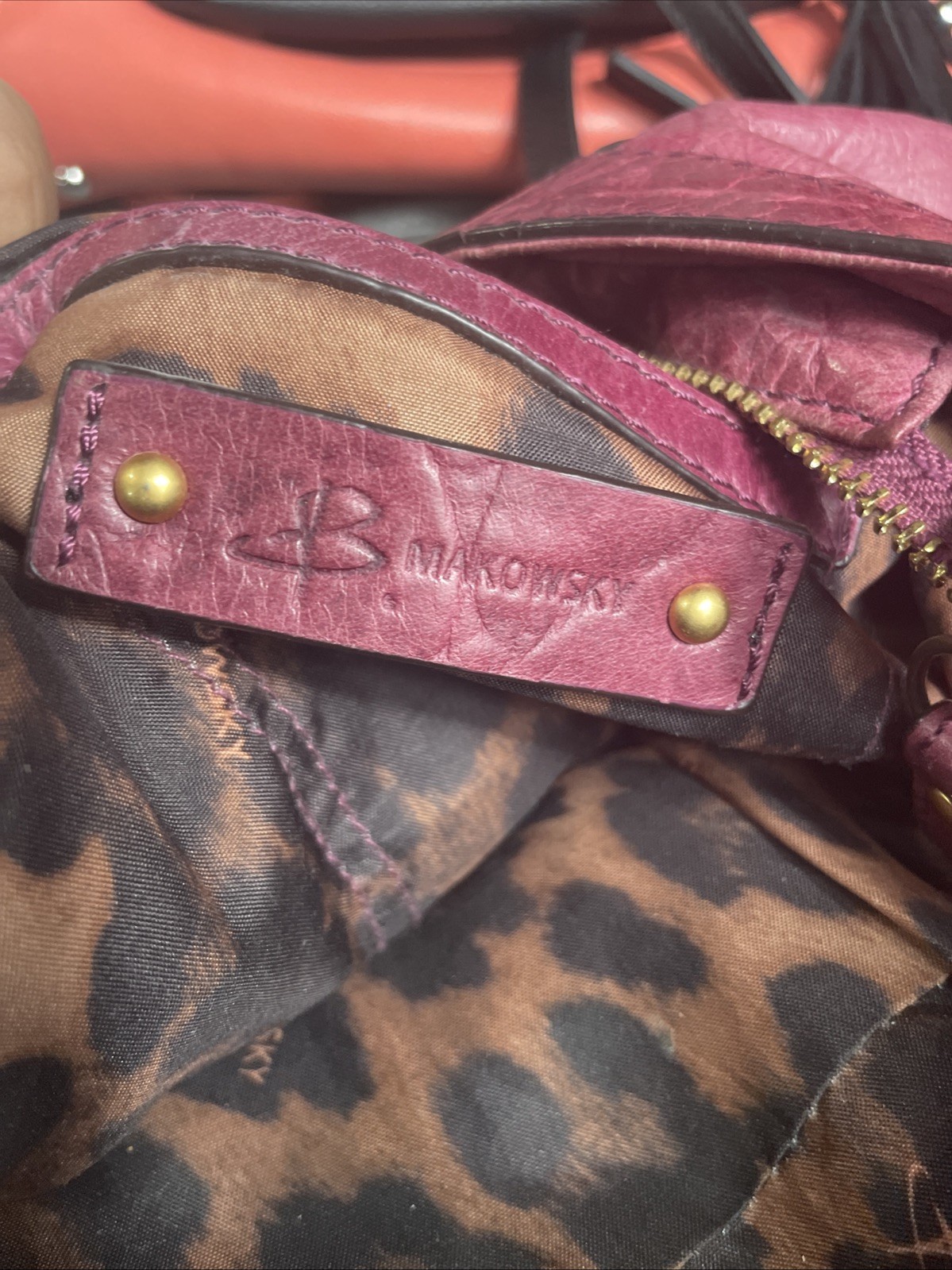 B. Makowsky Leather Shoulder Bag Hobo Purple With Gold Tone Hardware
