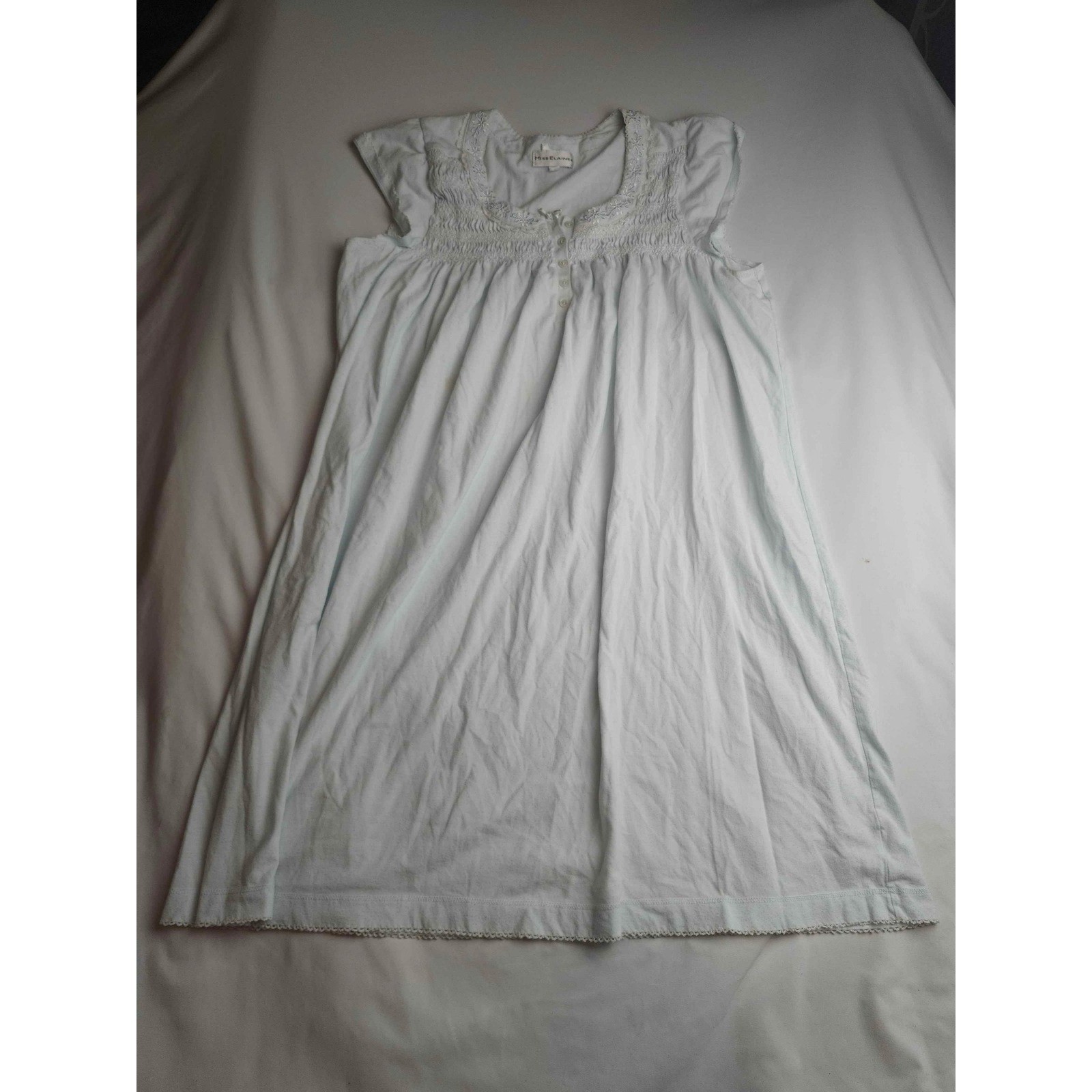 Miss Elaine Nightgown Small Light Blue Smocked Floral Embroidered Sleepwear