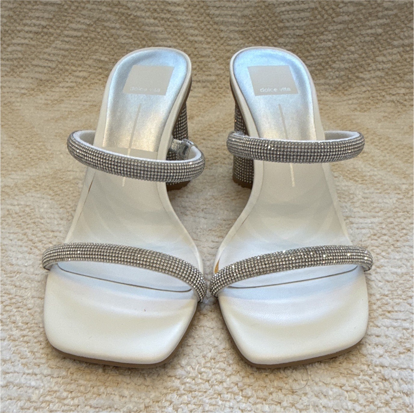 Dolce Vita White/Silver Rhinestone Strappy Square Toe Slip-On Block Heel 8