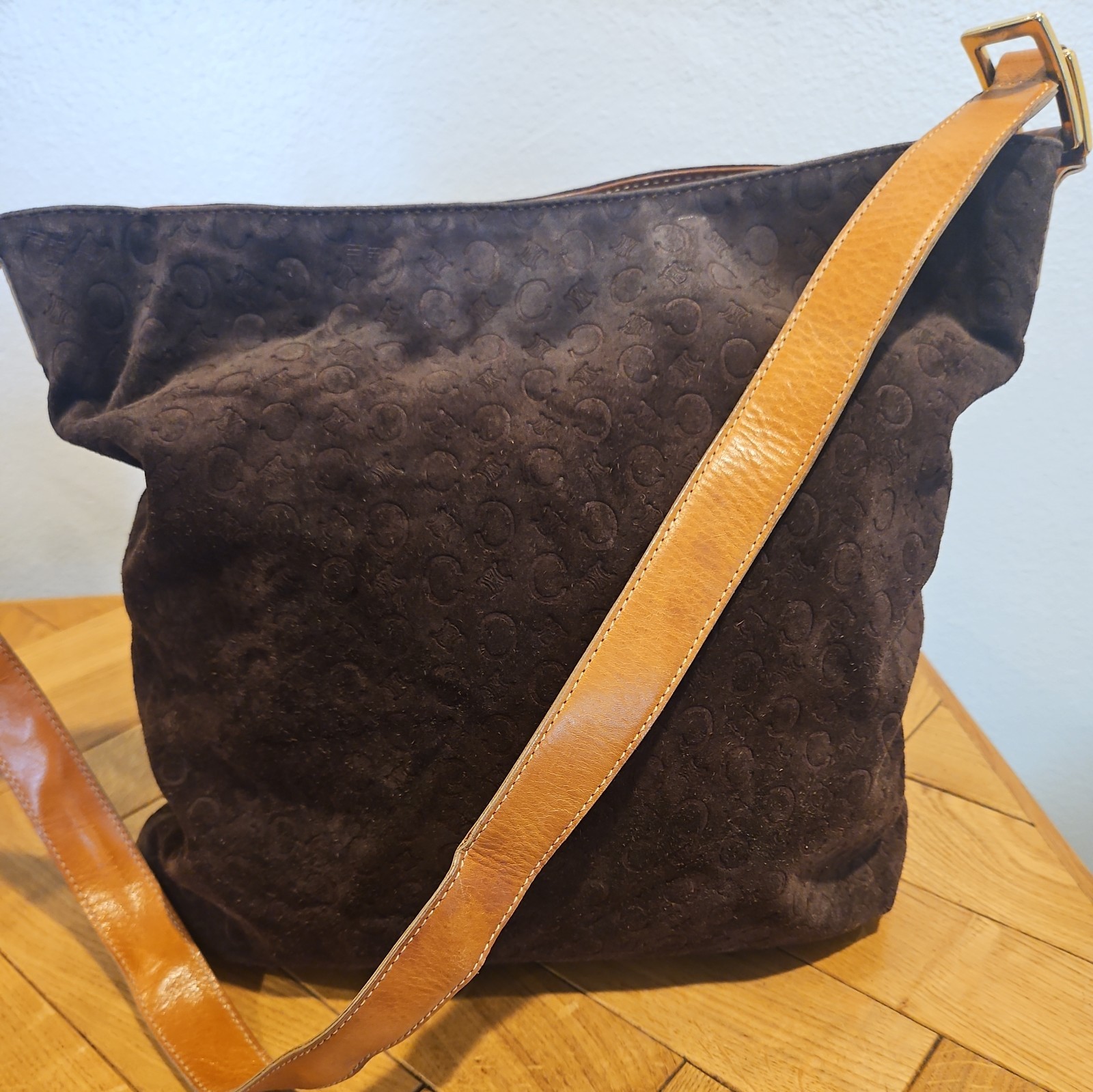 CELINE C Macadam Suede Shoulder Bag Dark Brown Gold Tone Hardware Vintage