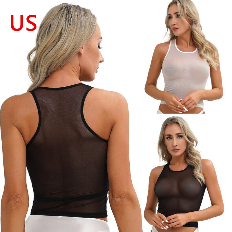 US Women Mesh Tank Top Vest Sleeveless See Through T-shirt Vest U-Neck Crop Tops