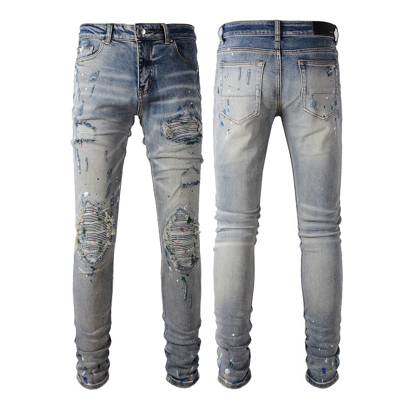Men’s Ripped Pleated Patches Paint point printing Skinny fit Stretch Denim Jeans