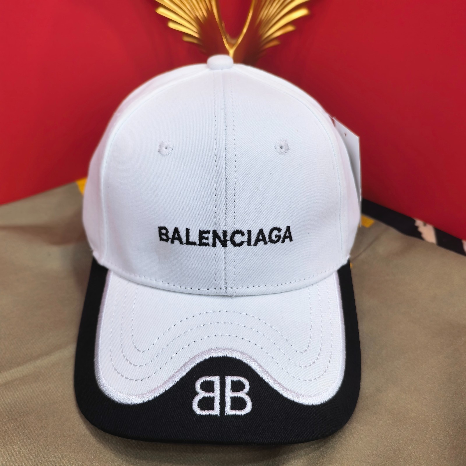 Balenciaga White Adjustable Baseball Cap with Black Brim