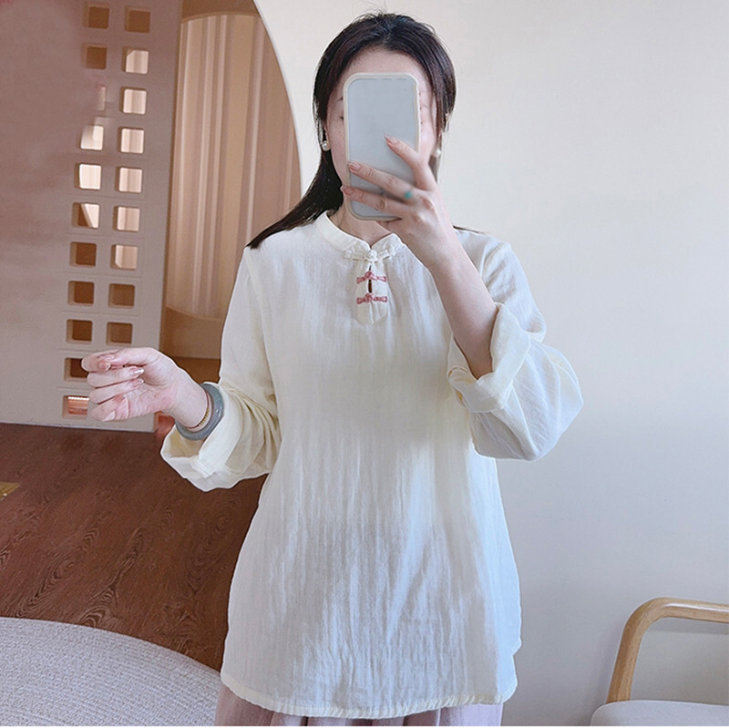 Spring Chinese Style Womens Casual Tops Blouse Loose Long Sleeve Pullover Shirts