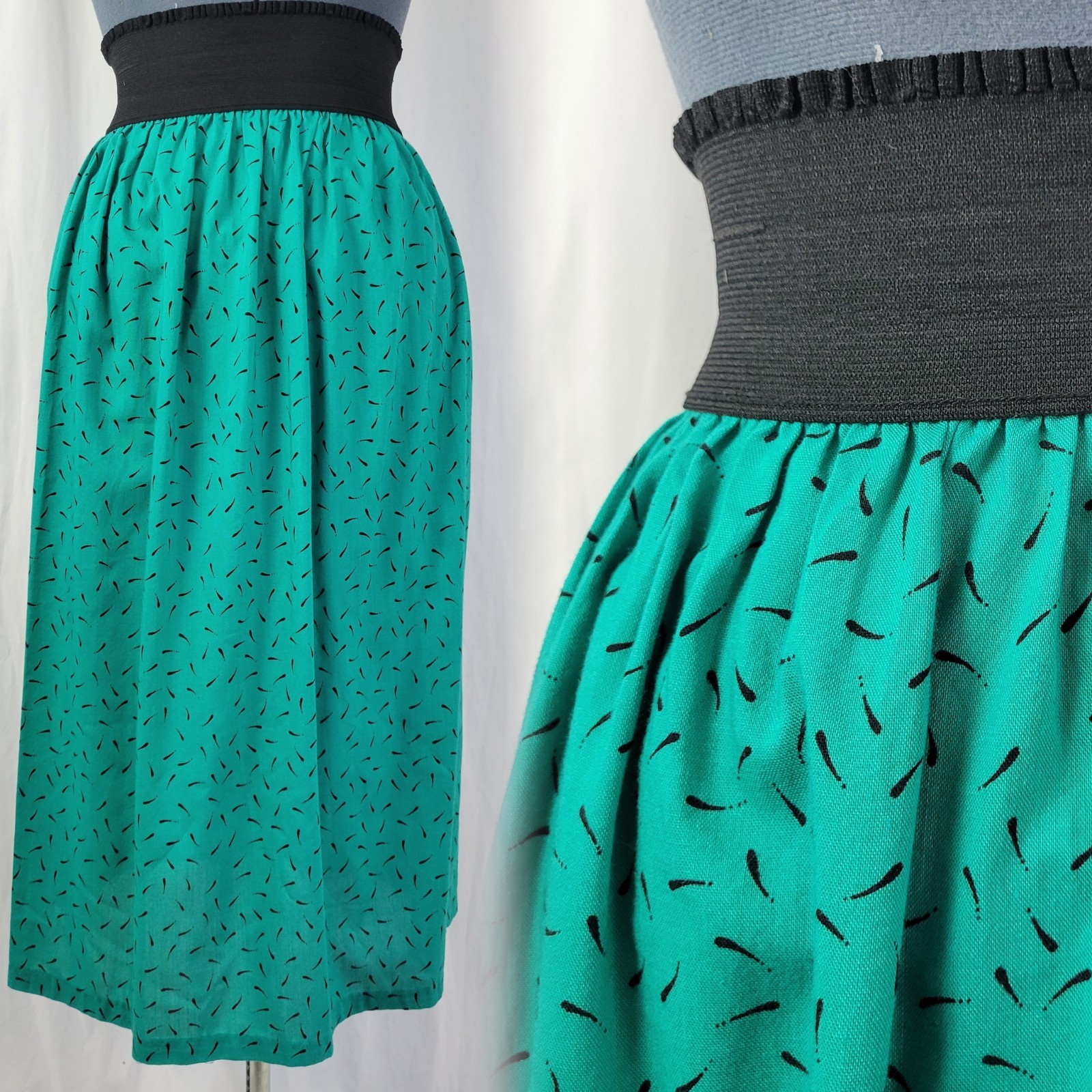 Vintage Wide Black Elastic Waistband Skirt w Teal Green Patterned Skirt Size 9