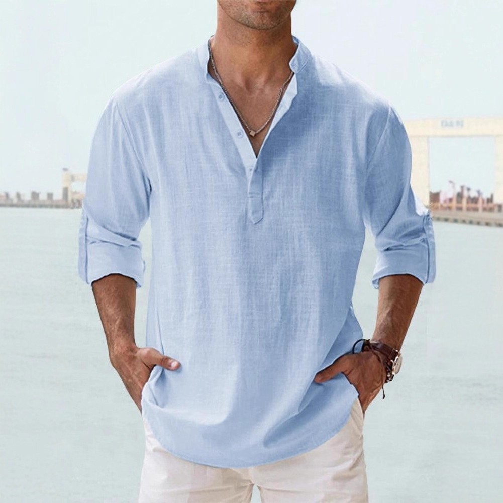 Men Linen Shirt Office Casual Stretch Fabric 80%Cotton Blend+20%Spandex