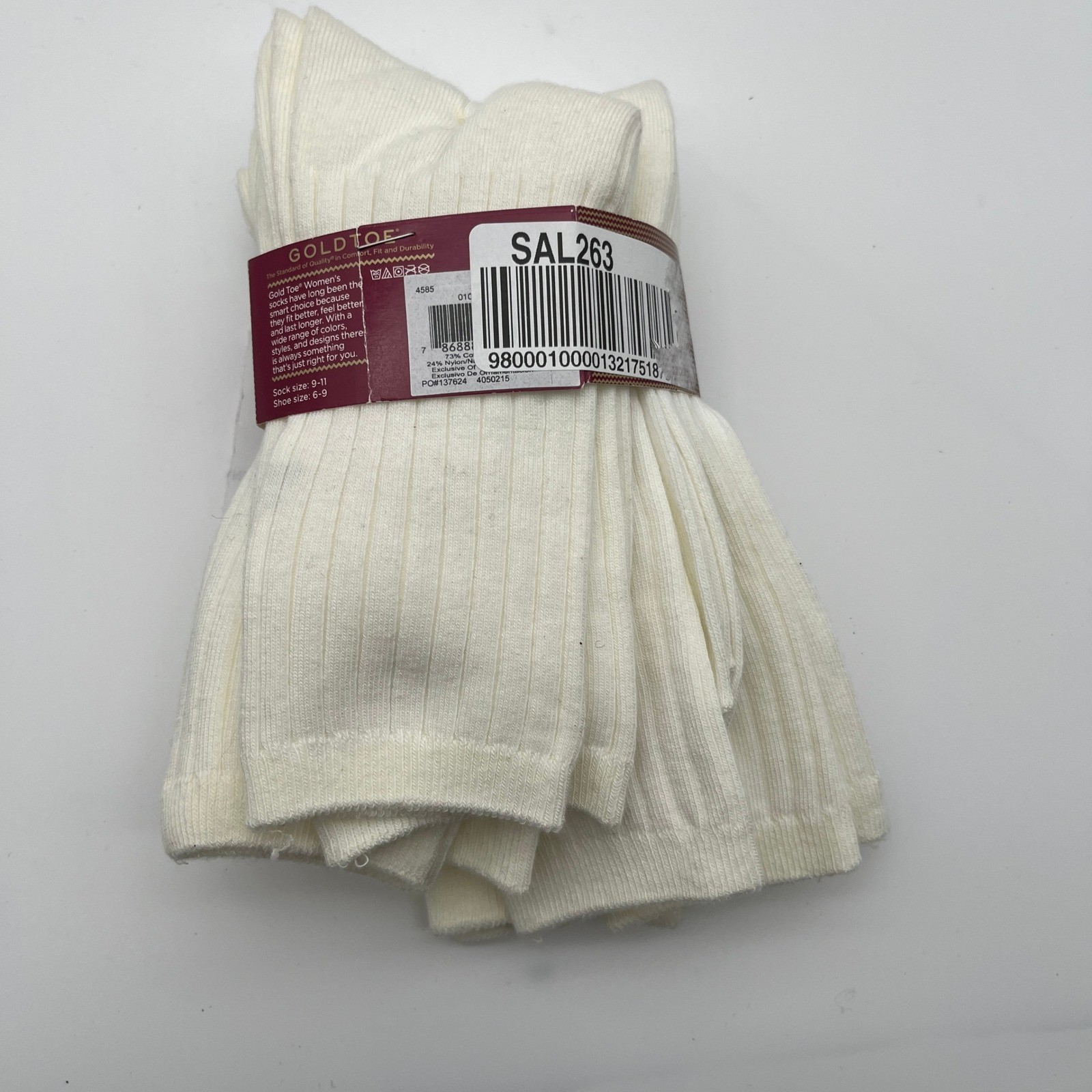 Gold Toe Socks Womens 9-11 White Ribbed Crew 5 Pair Cotton Blend 4585 Casual