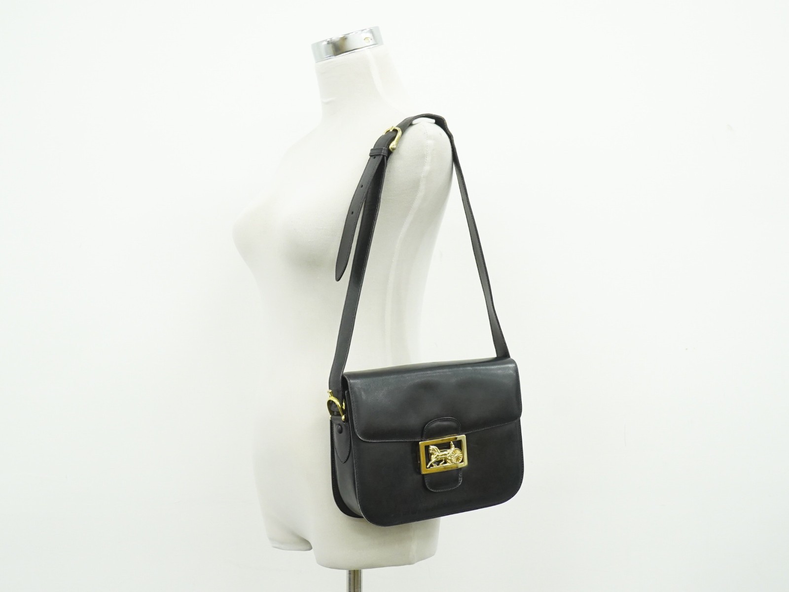 CELINE Horse Carriage Hardware Leather Shoulder Bag Black Gold