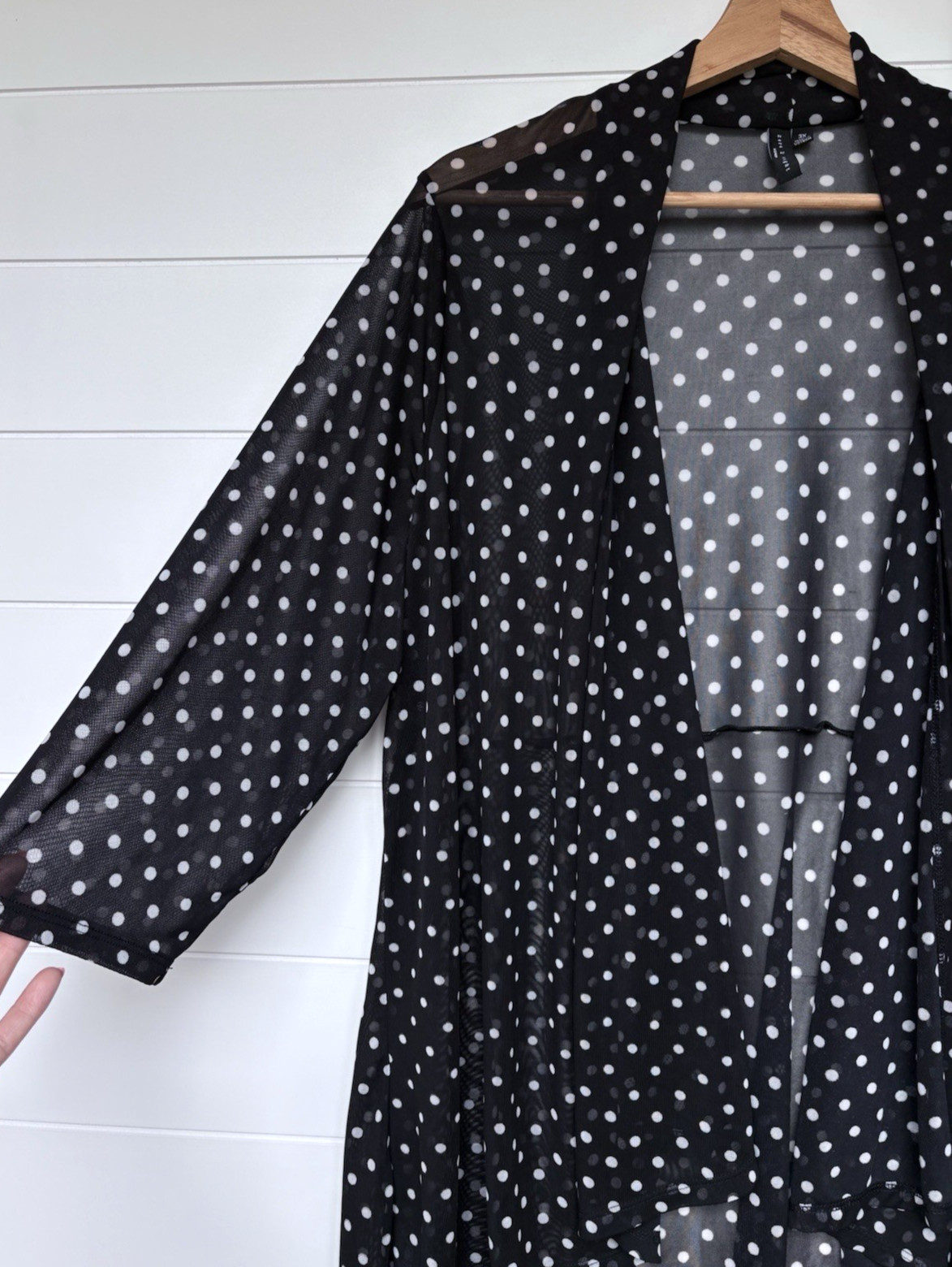 Zero 2 Eight Plus 3X Sheer Mesh Polka Dot Open Front Cardigan Black White Draped