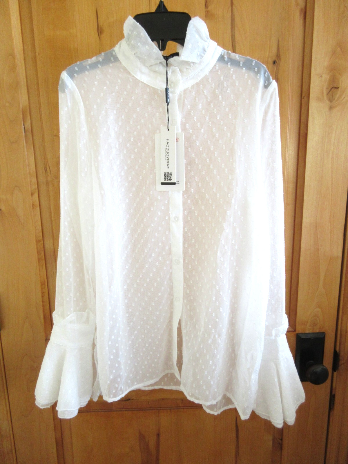 HAODUOYI TMALL SIZE M SHEER SWISS DOT BLOUSE WHITE LSLV BUTTON FRONT ELEGANT NWT
