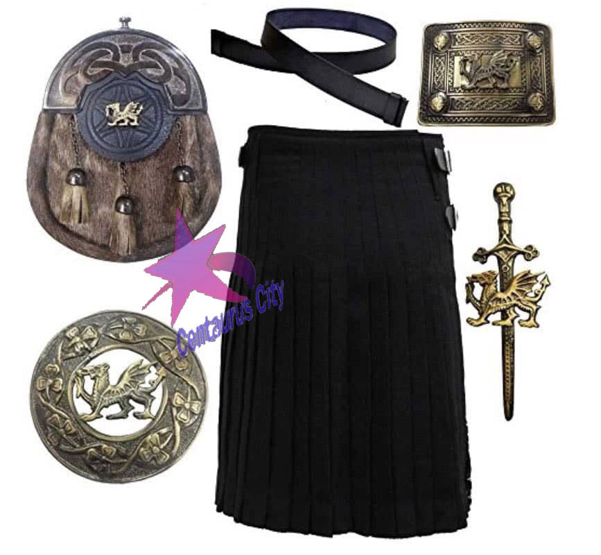 Scotland Highland Style Solid Black 4.6m Kilt 369ml, Welsh Dragon Sporran