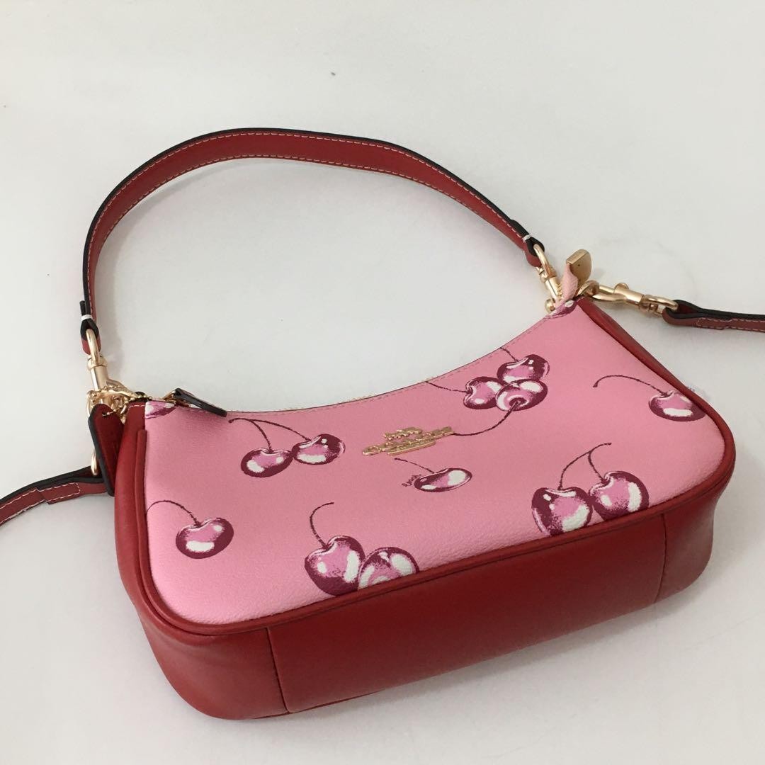 Coach CR290 Teri Shoulder Bag Pink Cherry Print Coated Canvas Leather Outlet