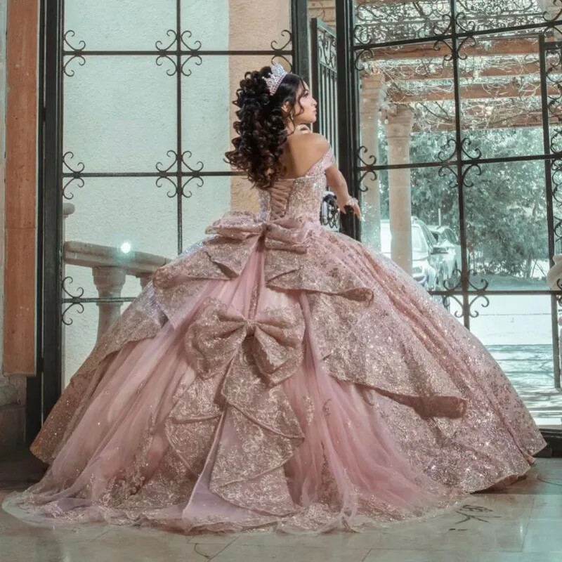 Quinceanera Dresses Luxury Pink Sequin Lace Appliques Prom Ball Gown Sweet 15 16