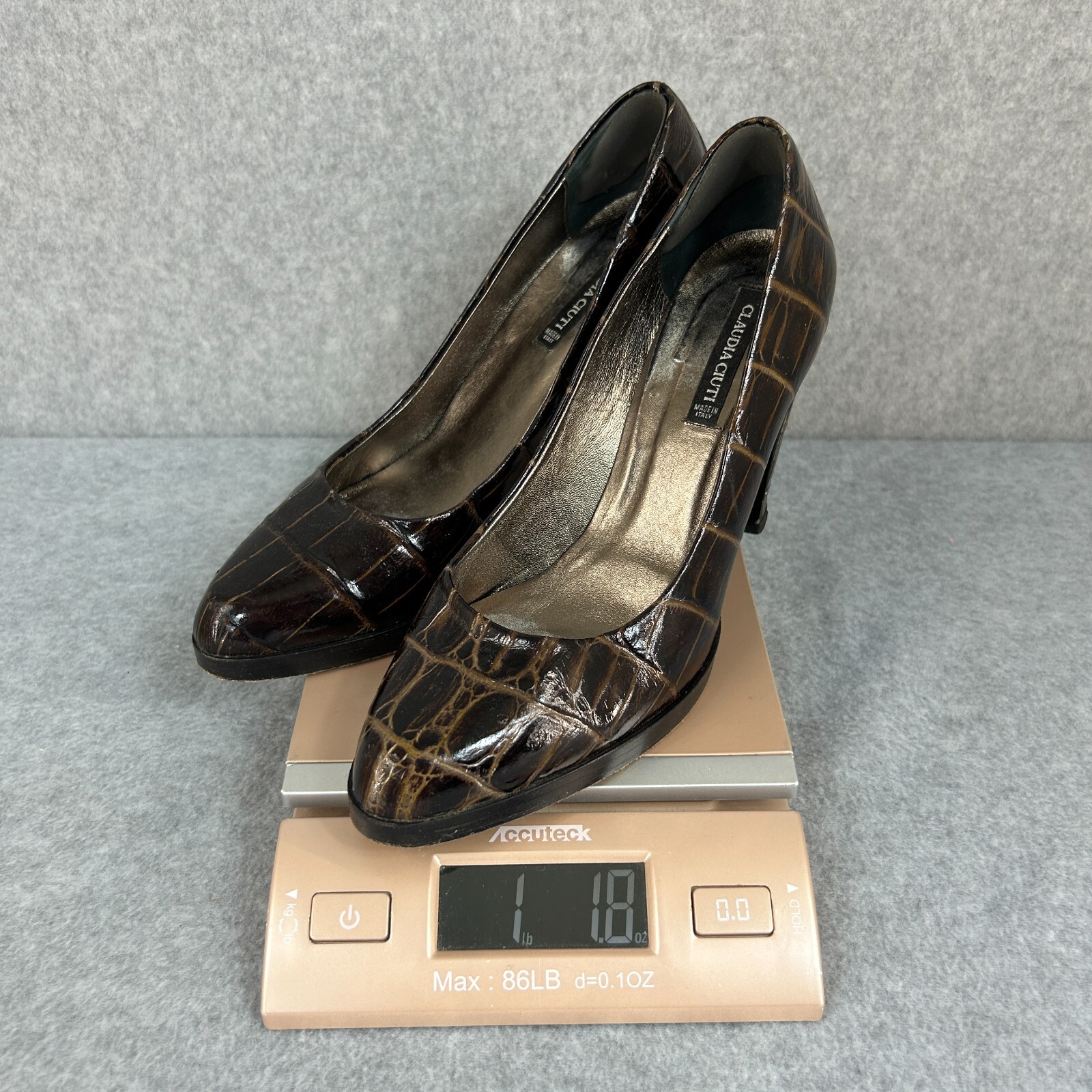 Claudia Ciuti Sz 7.5 Brown Almond Toe Crocodile Print Heels Pumps Block Vintage