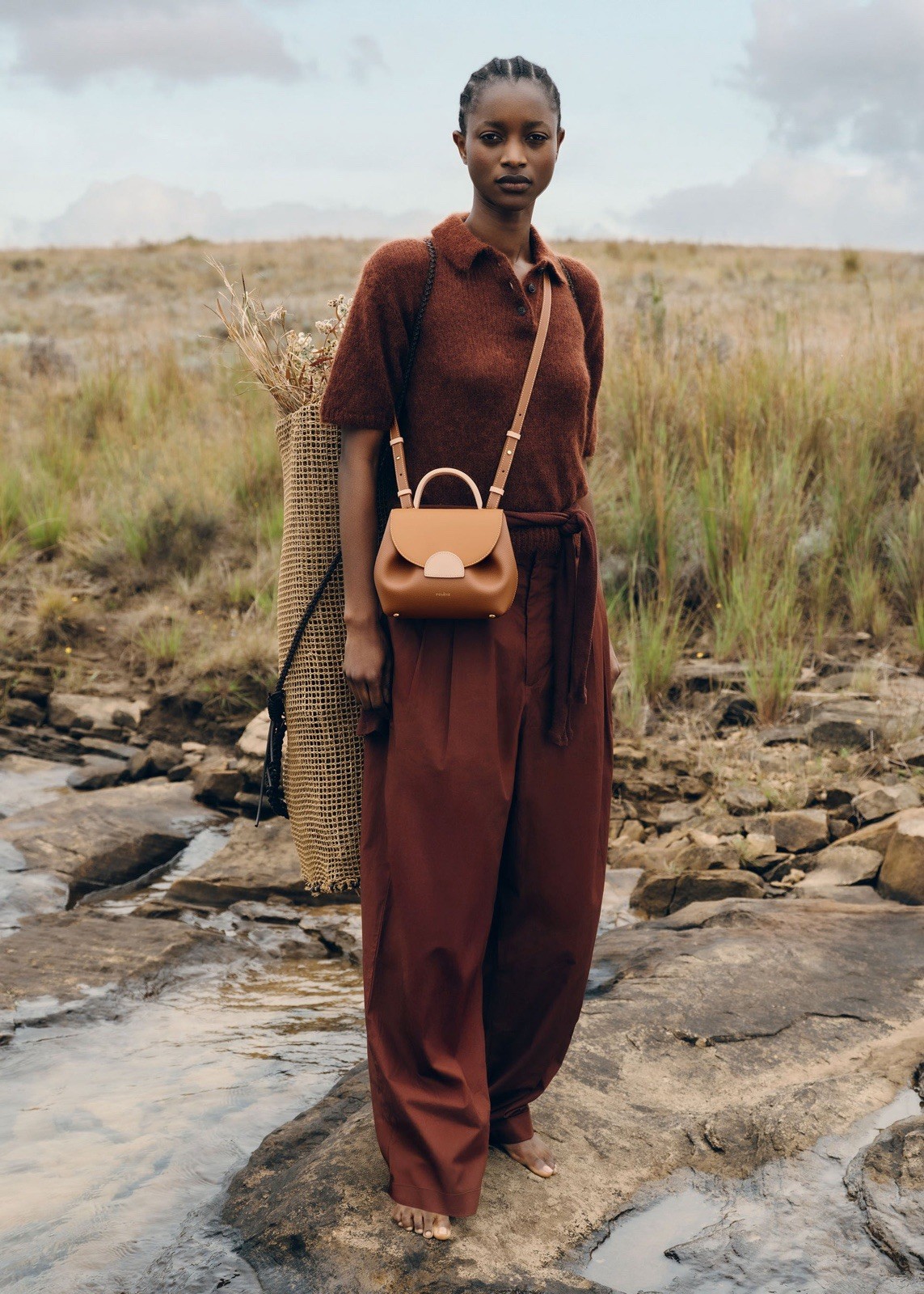 Polène Numéro Un Nano Brown/Beige Crossbody Top Handle Bag Dust Bag