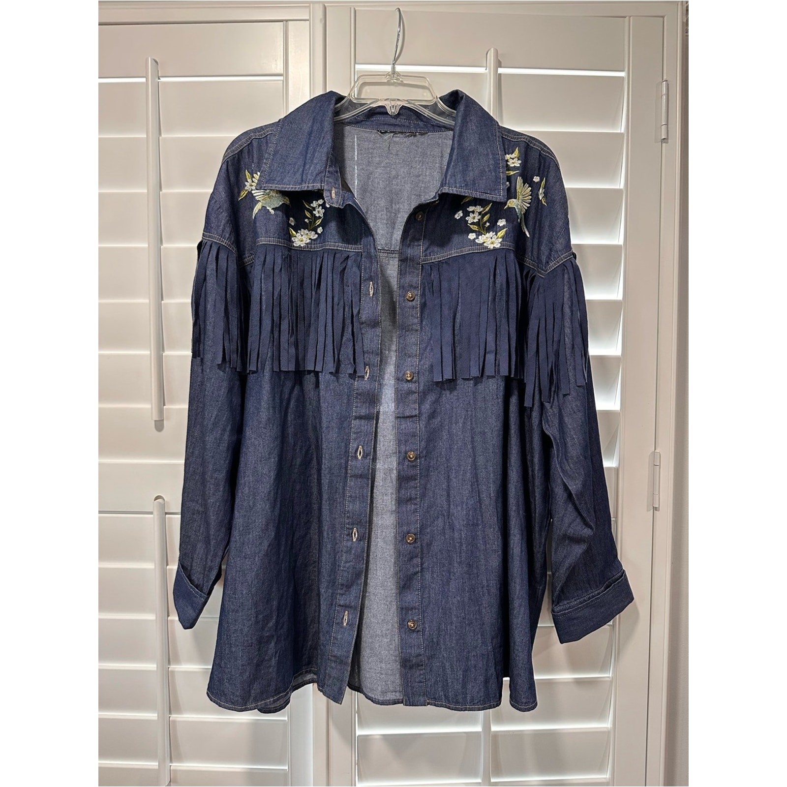 Embroidered Denim Fringe Button Up Shirt Cotton Floral Bird Western Boho Ranch