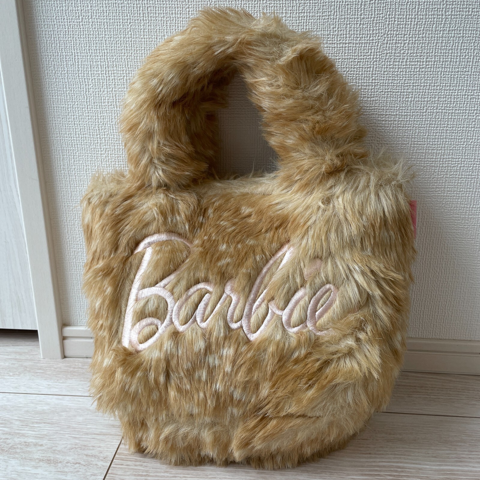 Barbie Faux Fur Hand Bag Iconic Embroidered Wallet Beige W11×H7×D4inch Movie