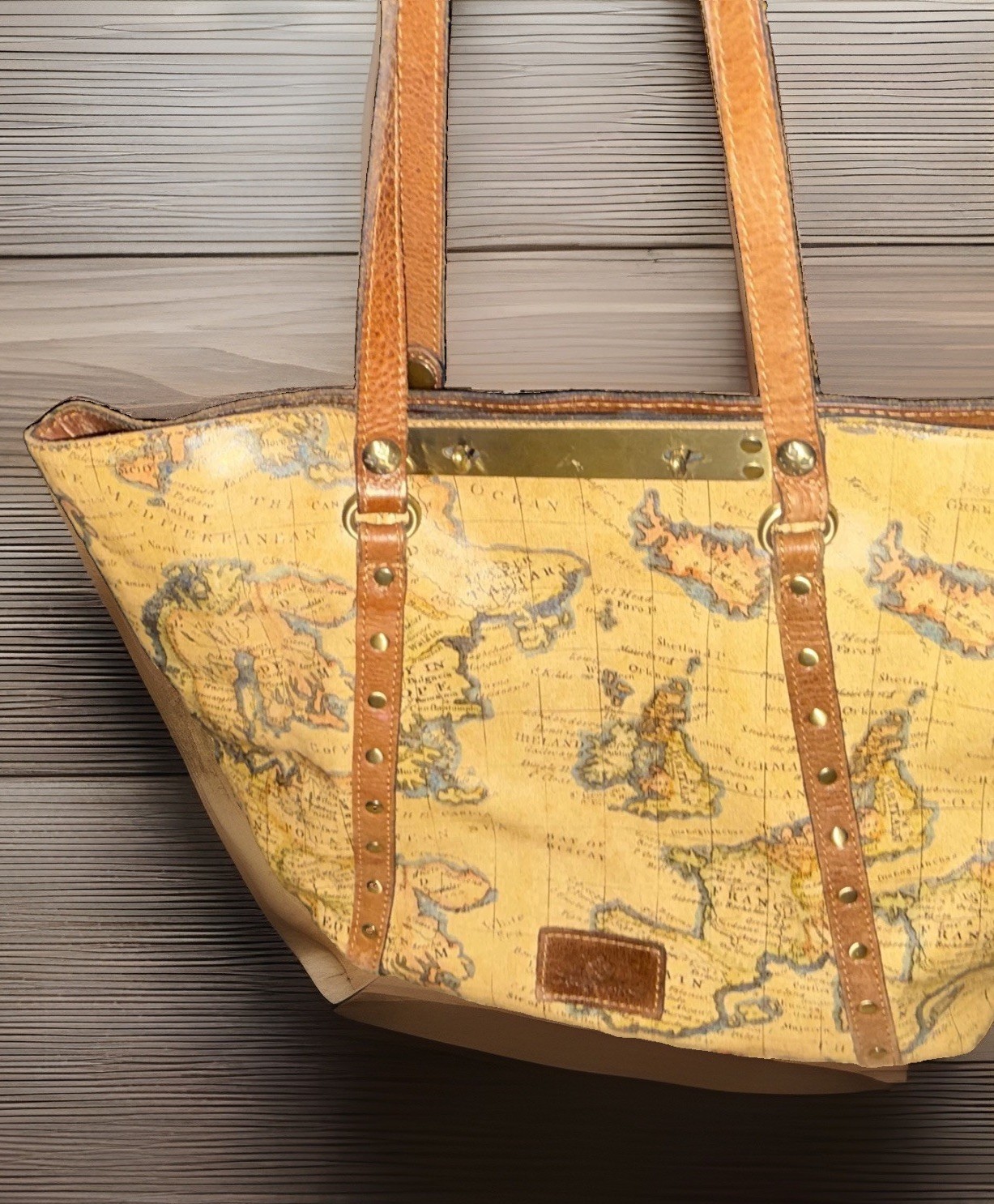 Patricia Nash European Map Print Leather Tote Bag Brown Tan 18” wide, 12.75”tall
