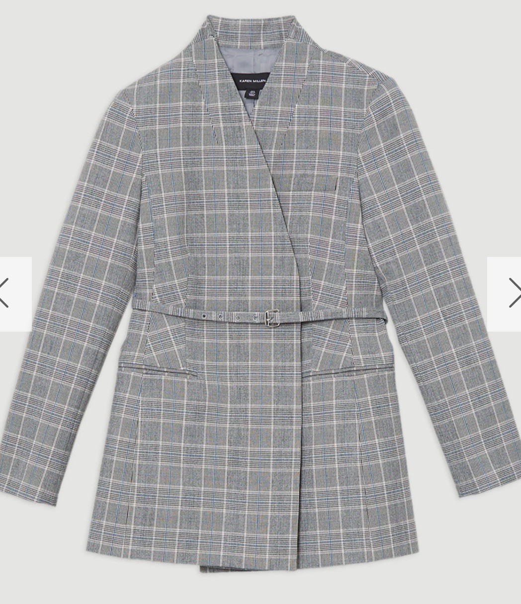 Karen Millen Grey Blue Check Plaid Tailored Collarless Belted Blazer w/Belt Sz 2