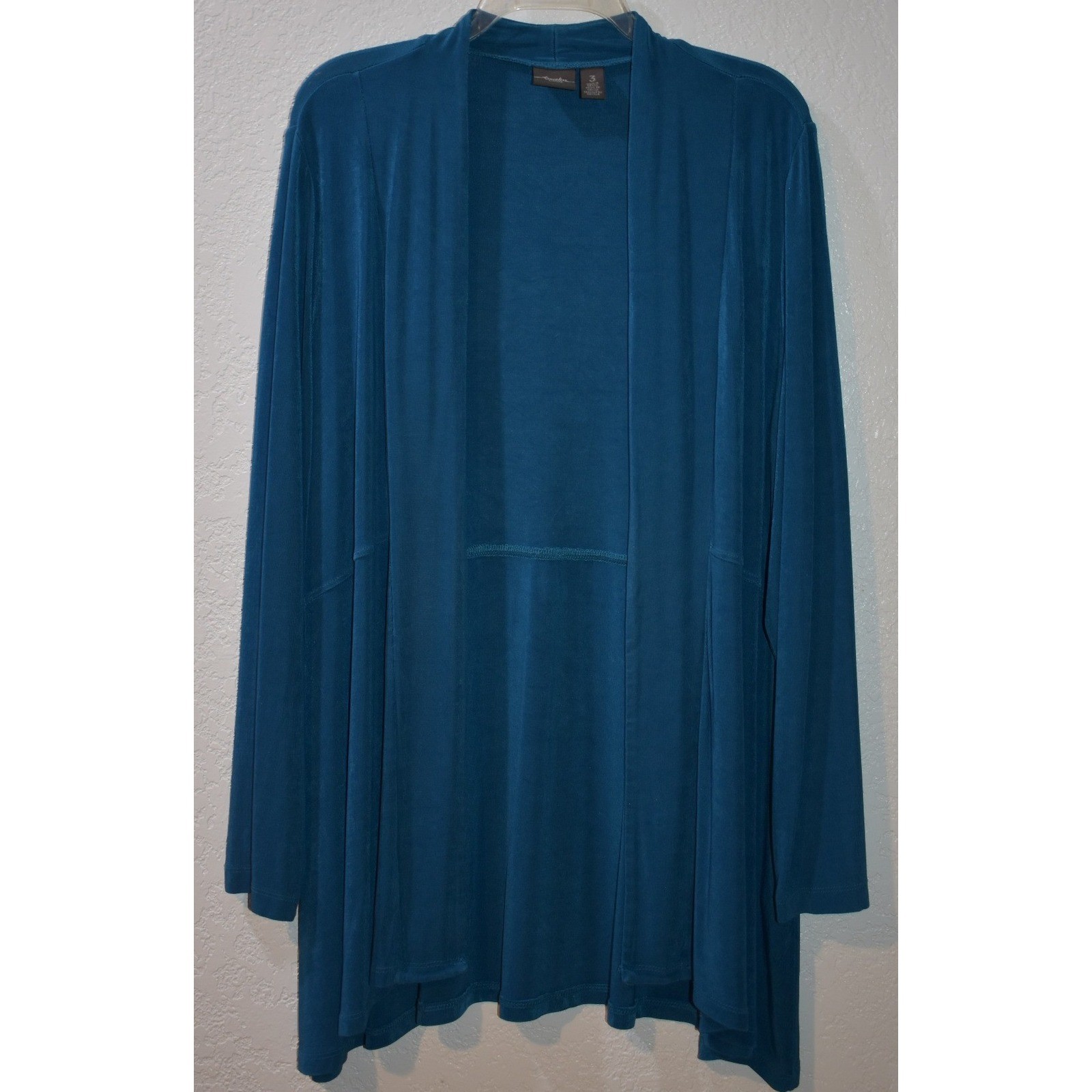 Chicos Travelers Teal Blue Open Front Slinky Knit Cardigan Jacket Size 3 XL