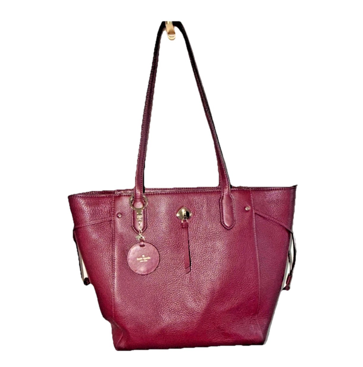 Kate Spade New York Burgundy Pebbled Tote Gold Hardware Studded Tassel Charm