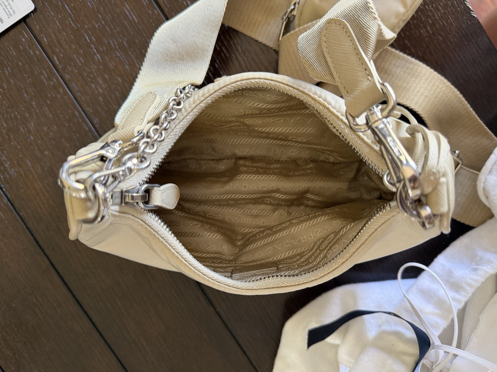 Prada Beige Nylon Shoulder Bag with Logo Strap and Chain