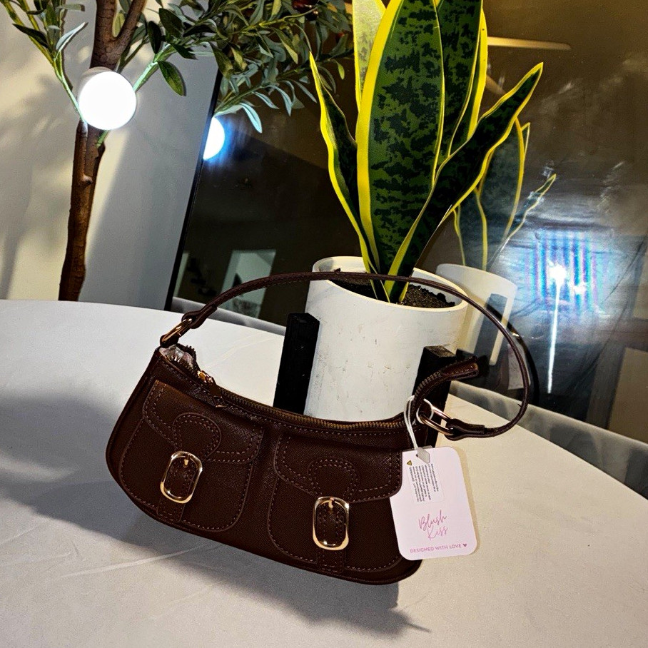 Hype Brown Small Crescent Shoulder Bag Zip Closure Gold Buckle Accent