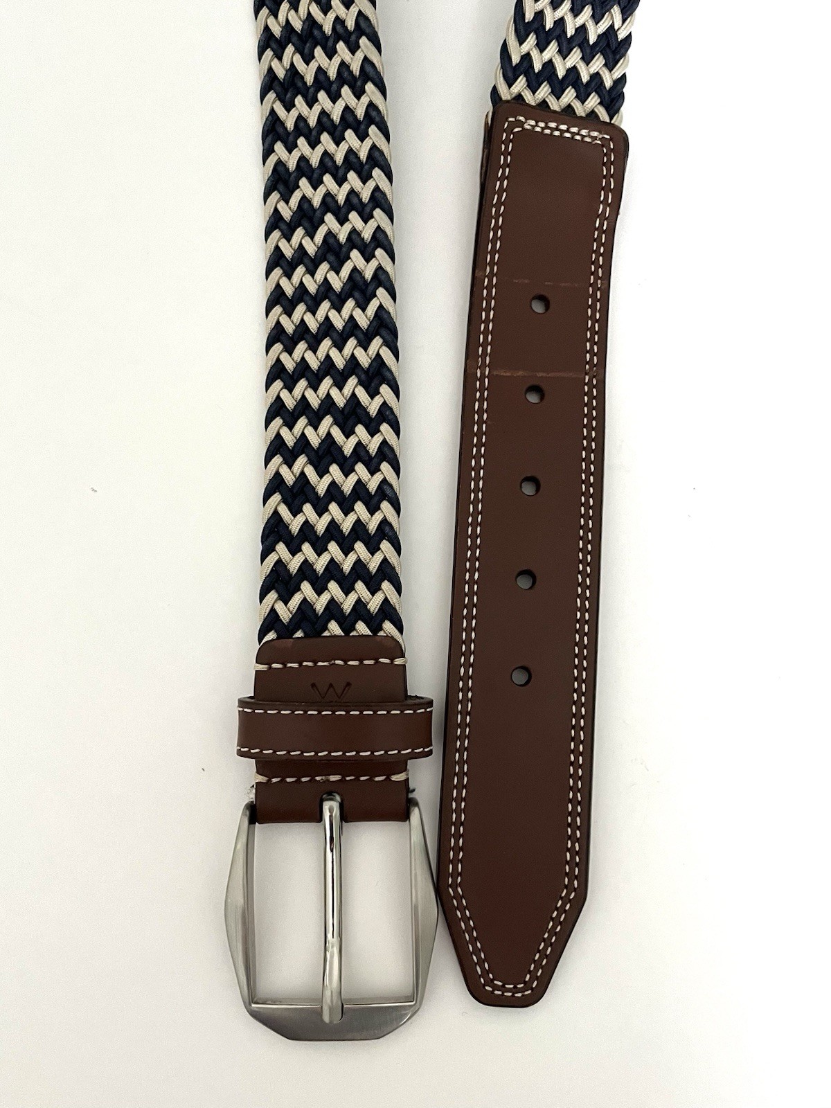 Martin Dingman Leather End Belt Beige Navy Tan Braided Woven Rope Size 34