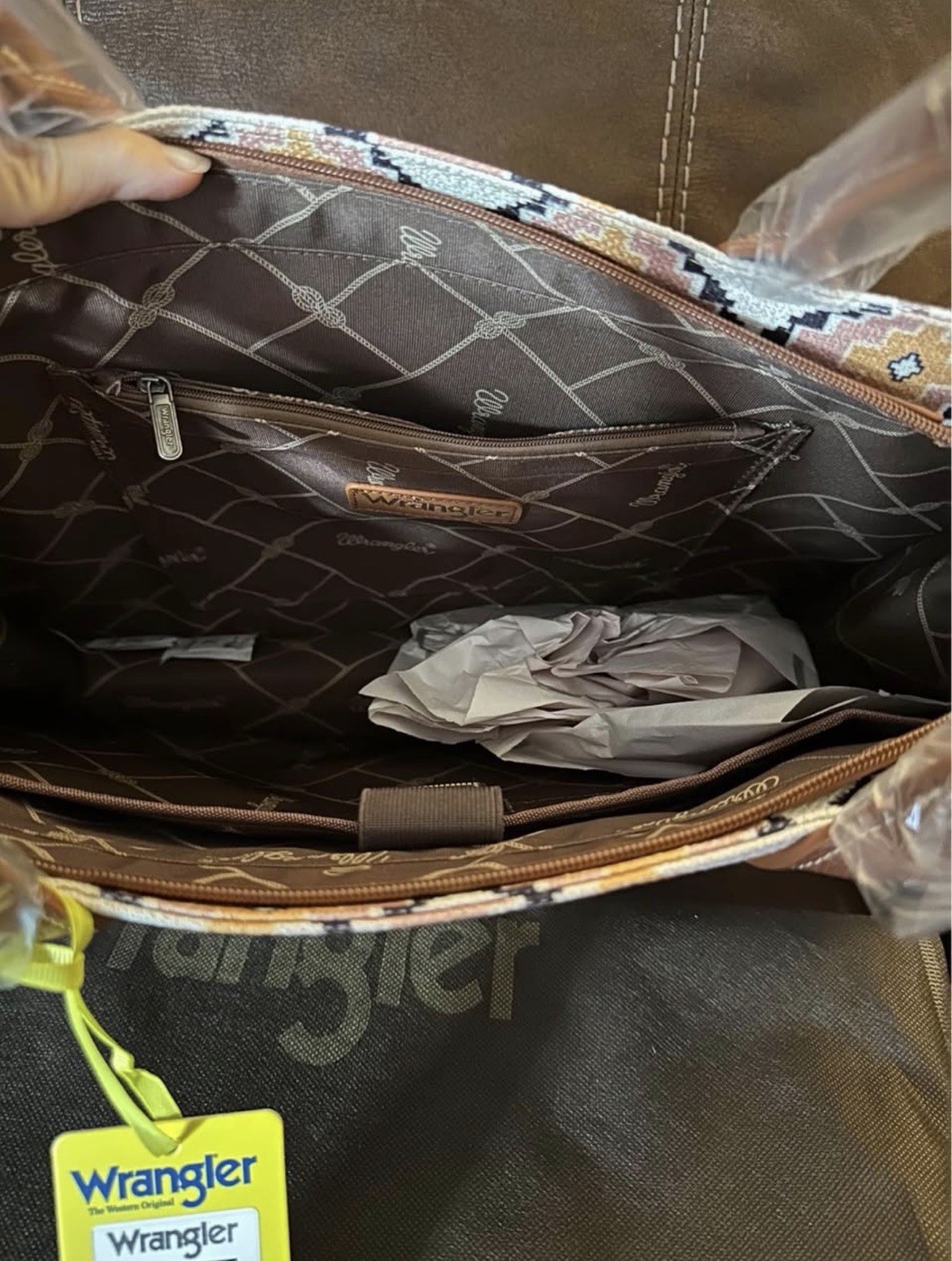 AUTHENTIC WRANGLER LARGE TOTE BAG LAPTOP SHOULDER CARRY BEIGE BROWN PRINT-NWT