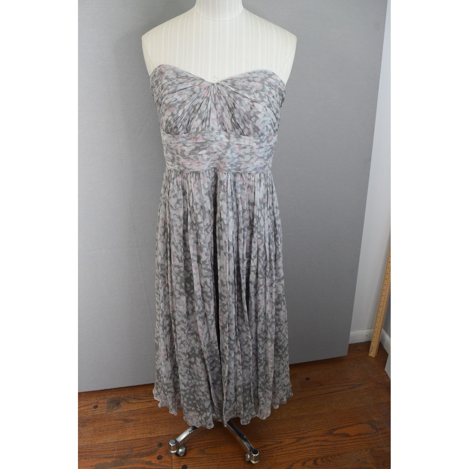 J Crew Marbella Strapless Pleated Chiffon Dress 8 Midi Formal Gray Pink New